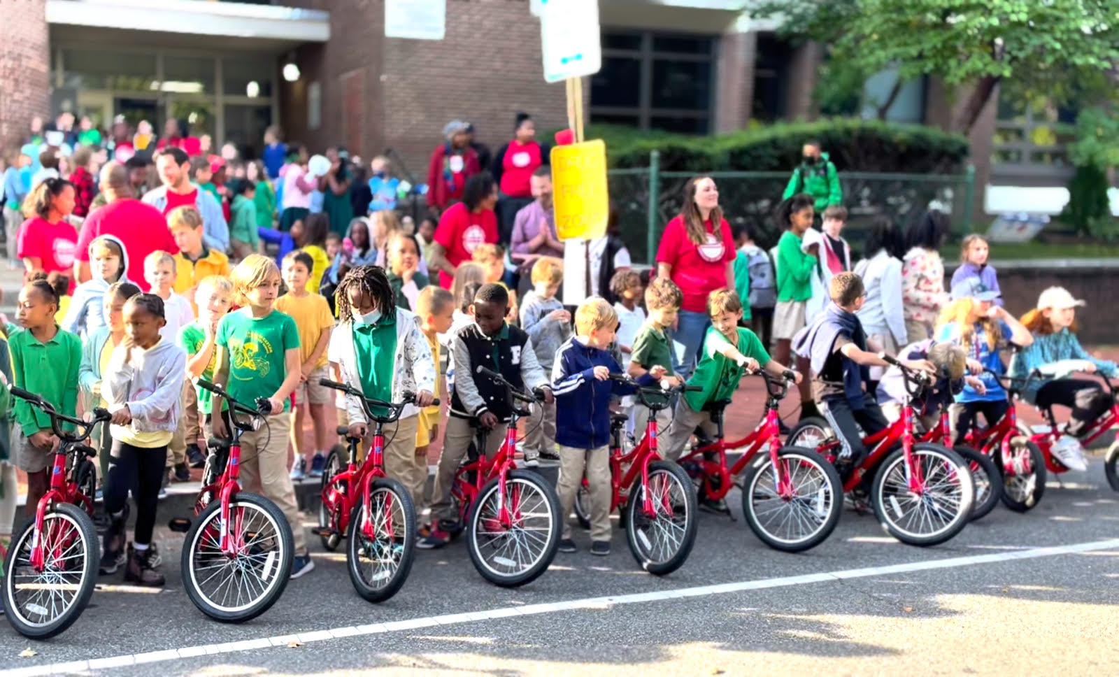 2nd grade students from Ludlow-Taylor Elementary School enjoying their new bike fleet